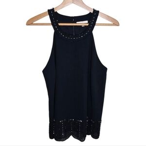 Skies Are Blue Black Halter Top with Beaded Trim & Scallop Front Hem Size Medium